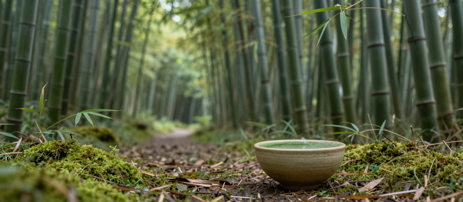 A quiet bamboo forest path with a ceramic tea bowl resting among moss