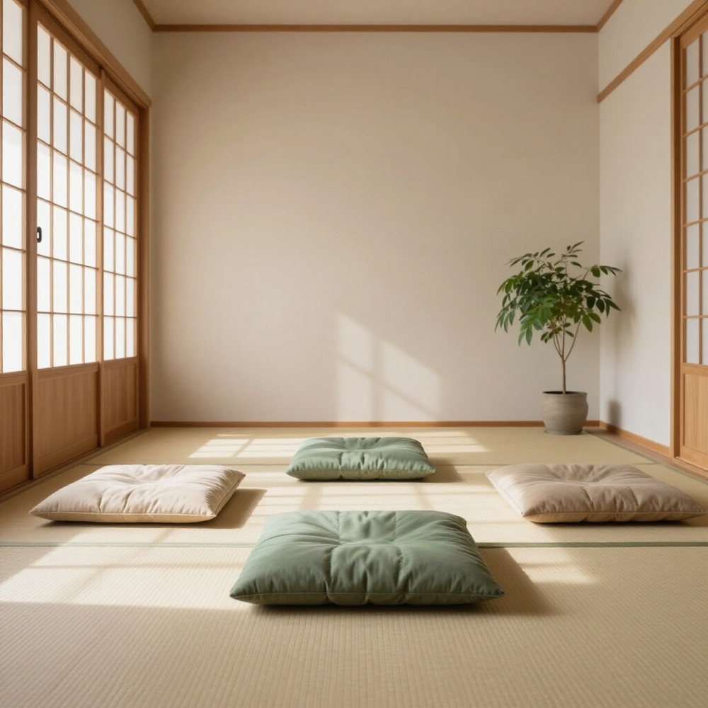 A quiet tatami room with floor cushions, shoji screens and a potted plant
